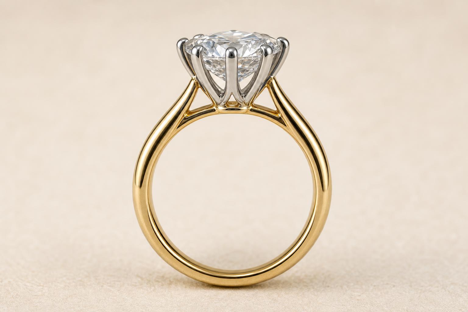 round brilliant diamond ring, side profile showing claw setting