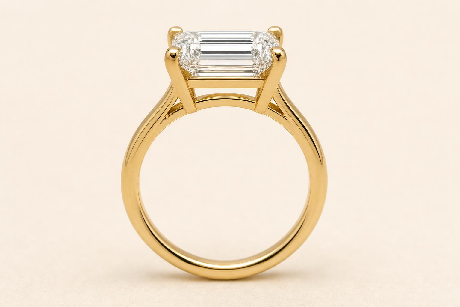 emerald cut diamond ring, side profile showing claw setting