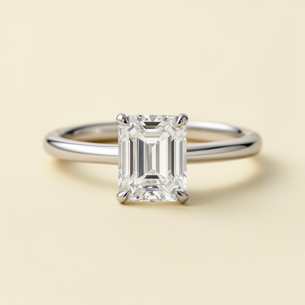 emerald cut diamond bond ring, studio view